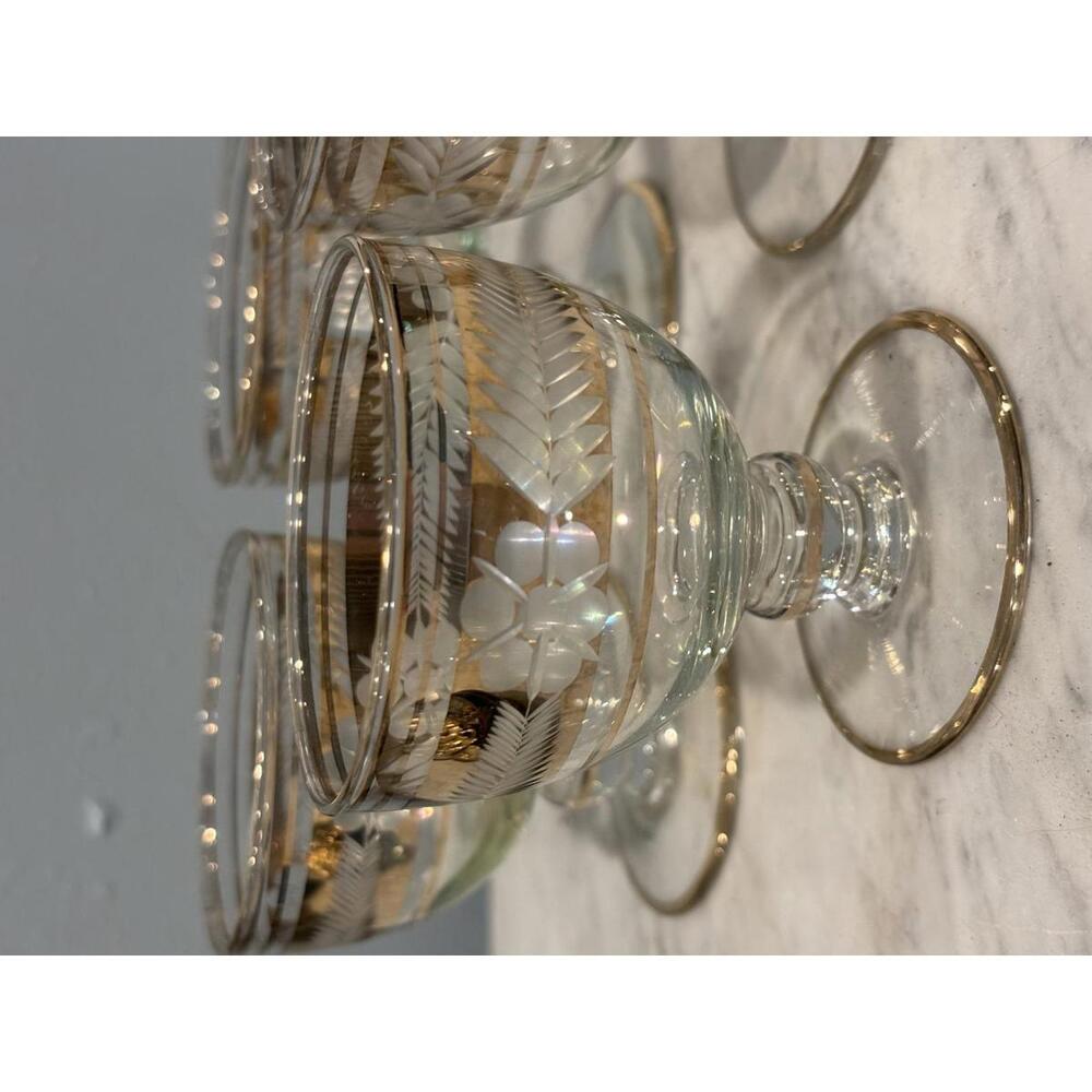 Vintage Light Green Cocktail Glasses Set of 6 | Etched Gold MCM Cordial Glasses